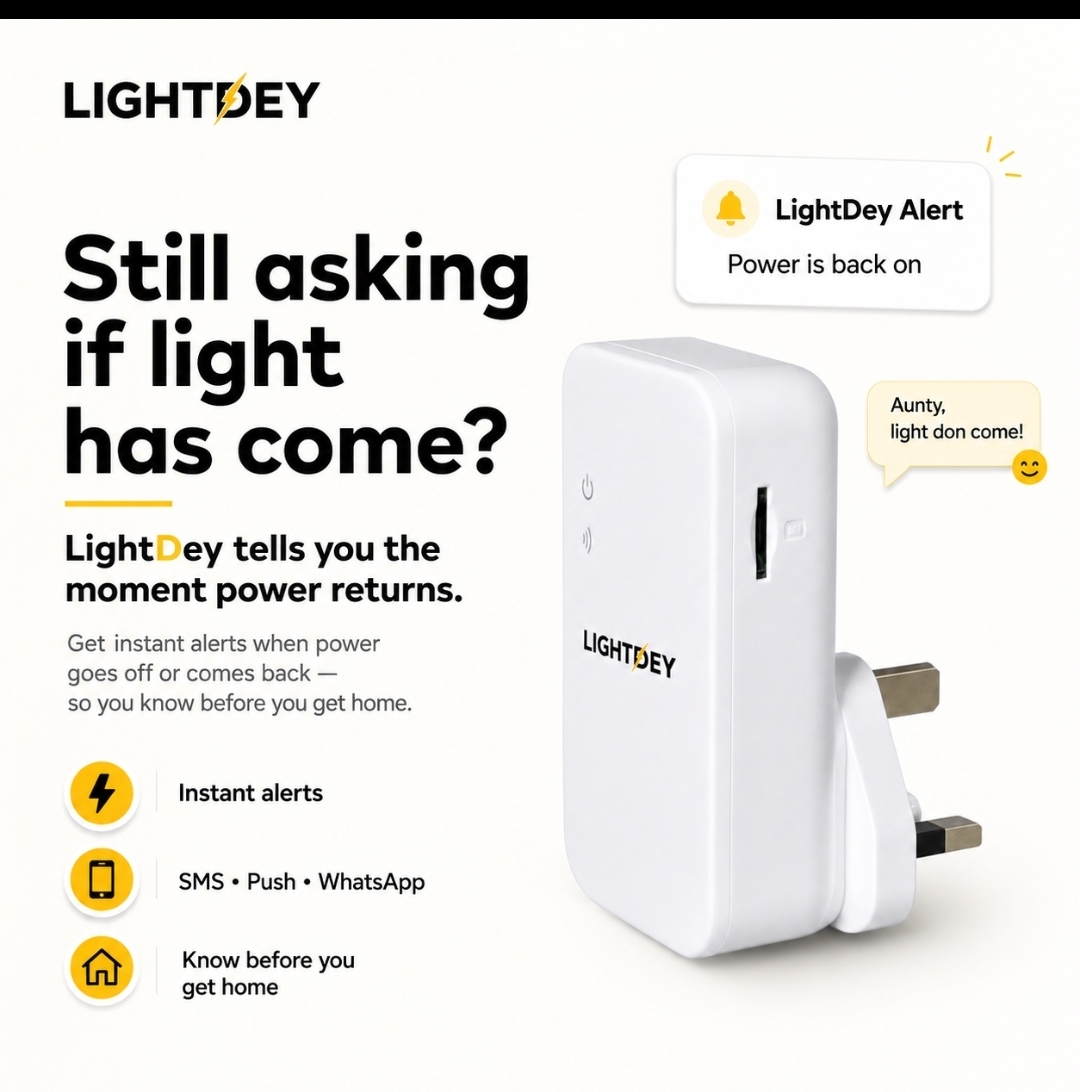LightDey marketing flyer showing the device plugged into a socket with instant power-back-on alerts